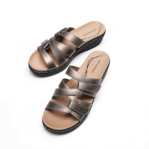 Image of DREAM PAIRS Women Arch Support Slide Sandals Adjustable Straps Slip On Wedge Sandals Casual Comfort Lightweight Flat Slides