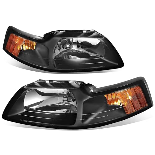 Auto Dynasty Headlights Assembly Compatible with 1999-2004 Ford Mustang New Edge 4th Gen, Driver and Passenger Side Halogen Headlamps Replacement, Black Housing Amber Corner