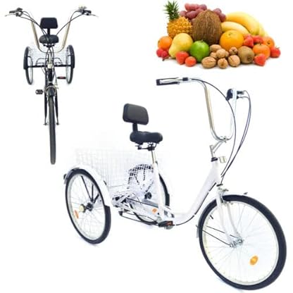 24" Dreirad für Erwachsene, 6 Gänge 3 Räder Fahrrad mit Einkaufskorb&Rückenlehne, Adult Tricycle 3 Rad Fahrrad für Erwachsene Ältere Mann (Weiß)