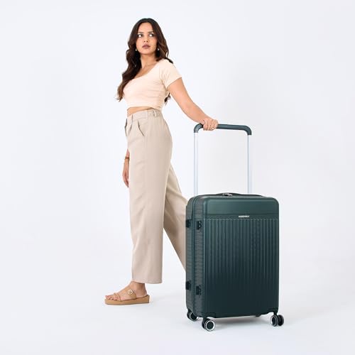 Image of Assembly Medium Check-in Suitcase with 8 Spinner Wheels & Ultra Wide Trolley, Durable Polycarbonate Hard Shell Trolley Bag for Vacations & Business Travel, Green, 24-Inch