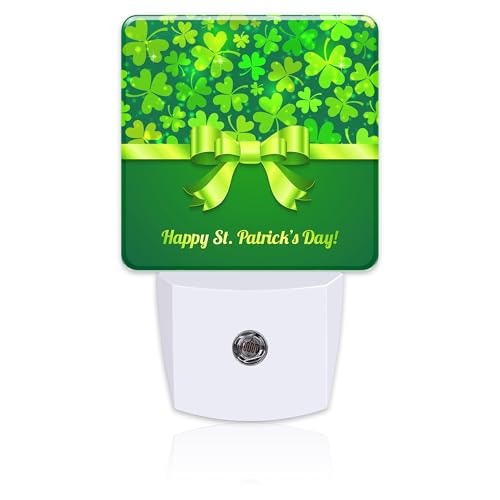 Image of Happy St Patrick's Day Night Light Plug into Wall,Green Saint Patrick's Shamrock Dusk to Dawn Night Light Plug in,0.5w Energy Saving Sleep Friendly NightLight for Kids Boys Girls Home Decor