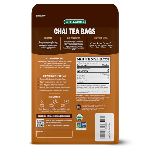Image of FGO Organic Chai Tea, 100 Count, Eco-Conscious Tea Bags, Resealable Bag, Packaging May Vary (Pack of 1)