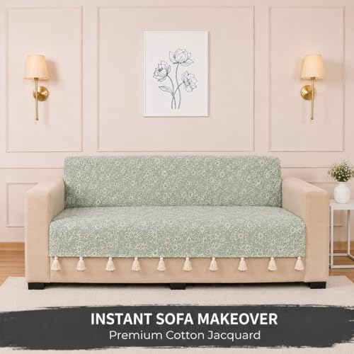 Image of STITCHNEST 'Verdant Phool Stories' 2 Seater Sofa Cover - Full Coverage| Elegant Jacquard Fabric, Decorative Tassels, Washable & Durable for Modern Living