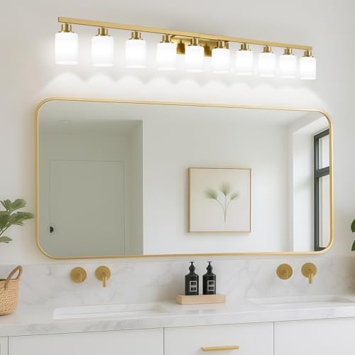 Image of Gold Vanity Light 10-Light Brushed Gold Bathroom Light Fixture 64in | White Frosted Ribbed Glass Shade Bathroom Lights over Mirror Modern Wall Lamp Sconces for Mirror Bedroom Hallway E26 Base
