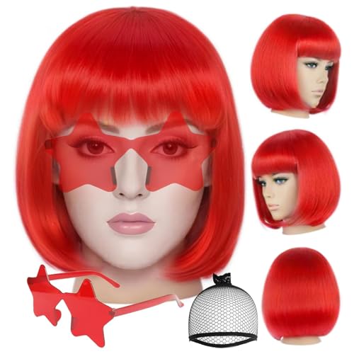 anogol hair cap  sunglasses red bob wig with bangs womens red party wigs with star shape sunglasses short neon wig daily party outfit fun wigs women halloween costume night club bachelorette hair
