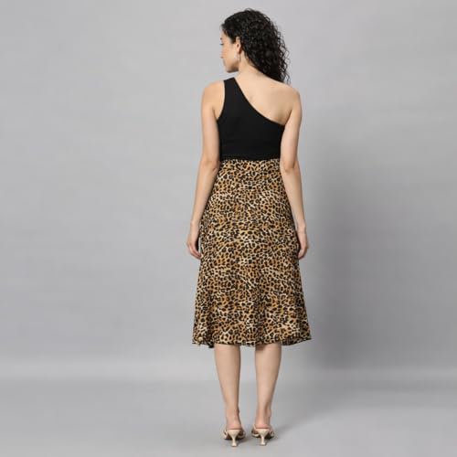 Image of Women's Floral & Animal Print Wrap Skirt - Midi Length A-Line Summer Skirt with Side Tie-Up, Tropical Cheetah Tiger Casual Beach Wear