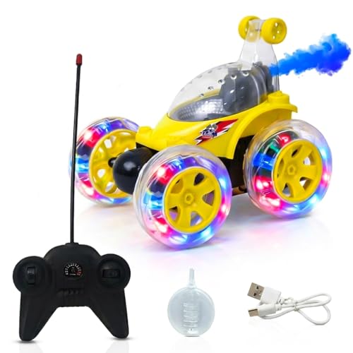 Image of NHR Launch RC Stunt Car for Kids, 360 Rotating Remote Control Car with Smoke Spray, Music & Lights, High-Speed Rechargeable Toy Vehicle Gift for Boys & Girls (2+ Years, Yellow)