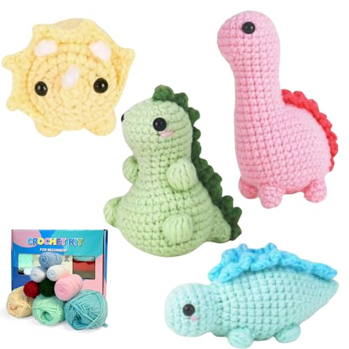 Image of LYCBTC Crochet Kit for Beginners, Crochet Kit for Adult and Kids with Step-by-Step Video Tutorials, Complete Beginner Crochet Kits, 4Pack Dinosaurs(40%+ Yarn)