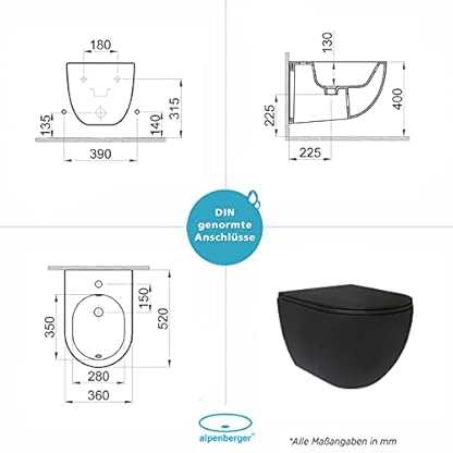 Alpenberger Hänge WC Spülrandlos in Matt Schwarz | Gäste WC Kloschüssel Keramik Toiletten | WC-Sitze Softclose Toilettensitz | Toilettenschüssel mit Schallschutz | Wand WC Set Passend Geberit – Bild 7