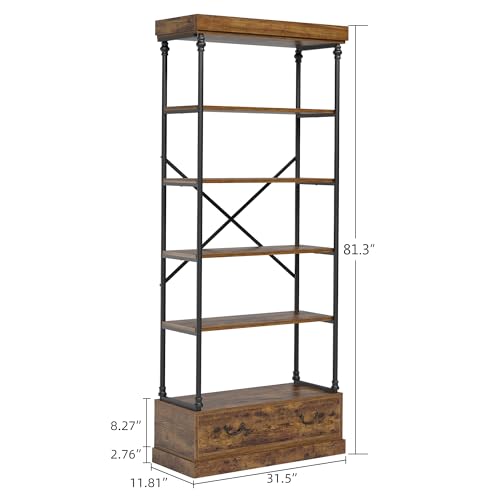 5 Tier Bookshelf with Storage Drawer, 81" Tall Book Shelf Vintage Bookcase w/Metal Frame, Rustic Open Bookshelf for Living Room Offic Bedroom Library (Brown)