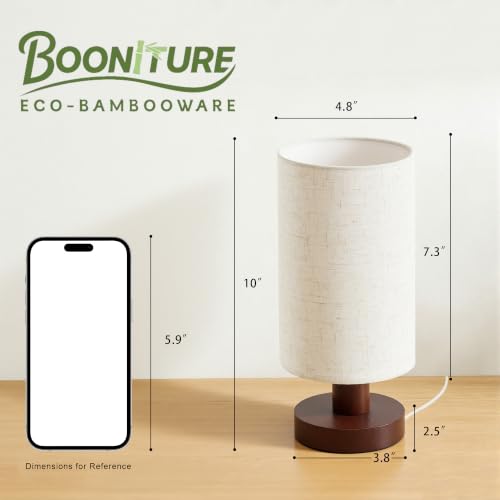 Image of Bedside Lamps Set of 2, Bamboo Small Table Lamp for Nightstand | 10'' Minimalist Nightstand Lamps for Bedroom, Modern Desk Lamp for Living Room, E26, Walunt, Linen Shade