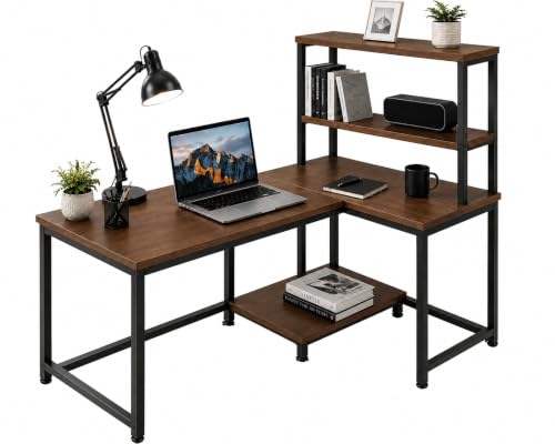 Image of Reversible L Shaped Computer Table with Storage Shelves | Rustic Brown Wooden Study Desk with Black Matte Metal Frame | Home Office Workstation | Writing Desk for Laptop & PC| 130x50x150 cm