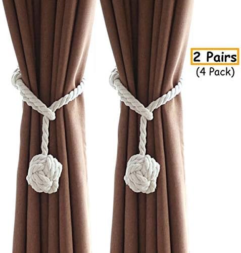 Ailzos 4 Pack Hand Knitting Curtain Rope Buckle Curtain Tiebacks with Single Ball, Indoor Curtain Tie Backs Rope Buckle Window Curtain Holdbacks for Bedroom, Beige
