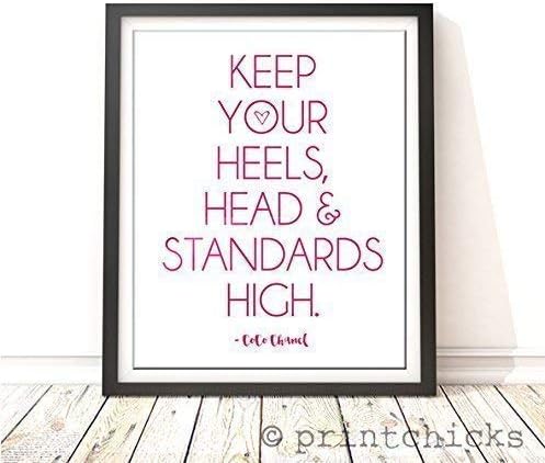 Keep Your Heels, Head & Standards High Hot Pink Foil Print - Co Co Chanel Inspirational Quote - PrintChicks Metallic Modern Art Decor