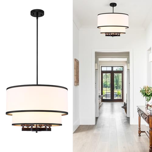 Xyndraph 19.7' Modern Black Double Drum Chandelier with Fabric Shade, Adjustable Height 6-Light...