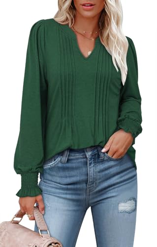 BETTE BOUTIK Long Sleeve Shirts for Women Fall Tops Dressy Blouses Pleated V Neck Tunic Tops for Leggings S-3XL