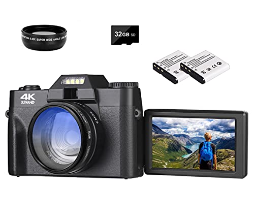 4K Digital Camera 48MP Vlogging Camera for YouTube 30FPS WiFi Video Camera 4K Camcorder with 3\" LCD HD Screen Camera 1080P 16X Digital Zoom Camera Wide Angle Lens with 32GB SD Card and 2 Batteries