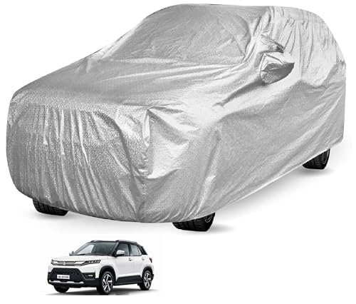 Image of Auto Hub Waterproof Car Cover Compatible with Maruti Brezza (Model : 2022-Till Date) with Mirror Pockets, Soft Cotton Lining, Brezza Car Cover Waterproof, Metallic Silver