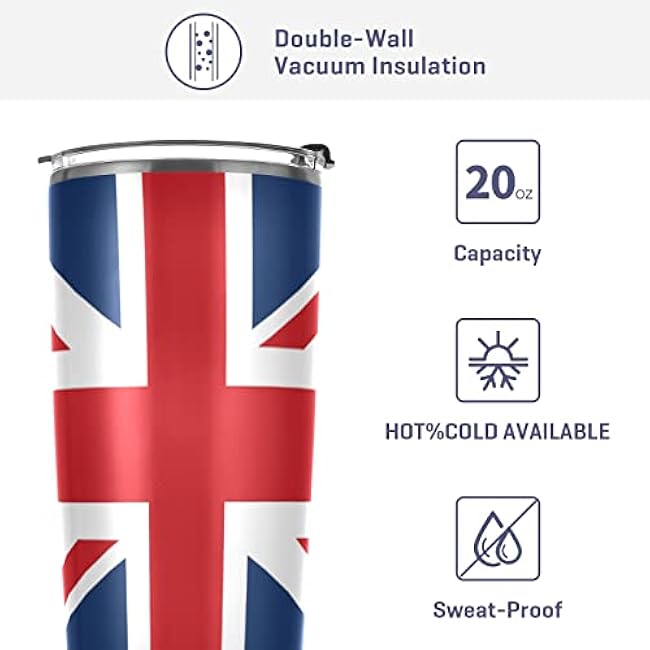 ALAZA England British Flag Union Jack Insulated Travel Tumbler Mug with Lid & Straw Double Wall Vacuum Water Bottle Car Cup Stainless Steel, Hot and Cold, 20oz