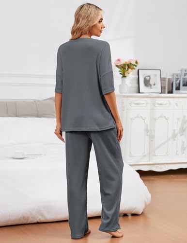 Image of JiniGolla Womens Pajama Sets Waffle Knit Short Sleeve Shirt with Long Pajama Pants Soft Sleepwear Pj Lounge Sets