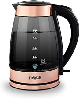 Tower T10058RG Smoked Schott Glass Kettle with Automatic Cut-Off and Boil Dry Protection, 1.7L, 3KW, Black and Rose Gold
