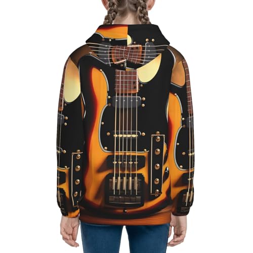 Small Instrumental Guitar Print Girls Athletic Zip Up Hoodies,Sweatshirts with Pockets Long Sleeve Hooded Jackets, for 7-18 Y Black4
