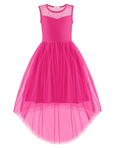 Image of Arshiner Girls Dresses Formal Party Wedding Tulle Sleeveless Contrast Mesh High Low Dress with Belt