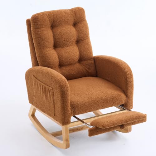 Image of Nursery Rocking Chair with Foot Rest, Teddy Upholstered Glider Chair with Side Pocket, Comfy Rocker Accent Armchair, Modern High Back Rocking Chairs for Living Room, Bedroom, Caramel