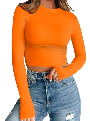 Trendy Queen Womens Long Sleeve Crop Tops Basic Slim Fitted Shirts Casual Fashion 2025 Going Out Y2k Tops Teen Girl Clothes Orange L