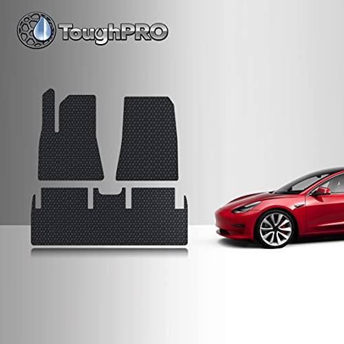 TOUGHPRO Floor Mats Accessories Set (Front Row + 2nd Row) Compatible with Tesla Model 3 Long Range/Performance All Weather Heavy Duty (Made in USA) Black Rubber Feb 2021-2023