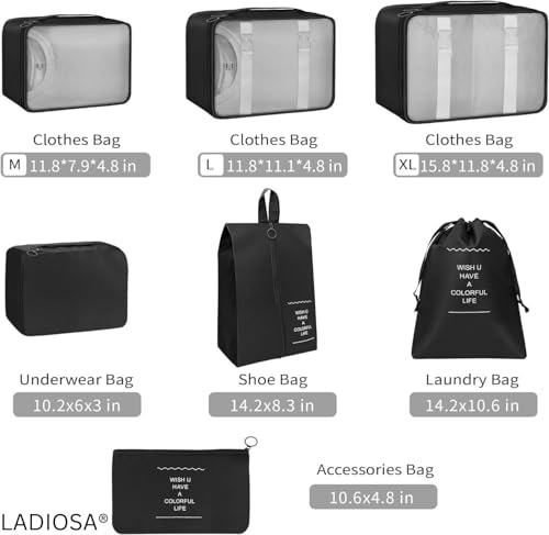 Image of 7pcs Set Travel Organizer Packing Cubes Lightweight Travel Luggage Organizers with Laundry Bag or Toiletry Bag Laundry Organiser. (Black)