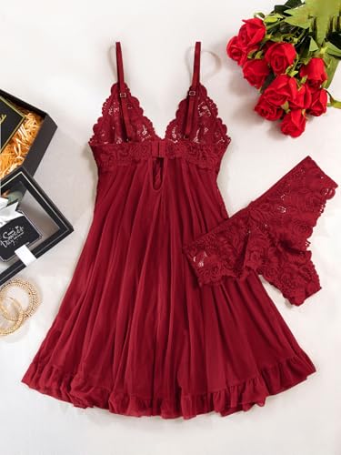 Image of Foxiny Sexy Ruffle Sheer Mesh Lace Wireless Babydoll Lingerie Dress with Thong 2 Piece