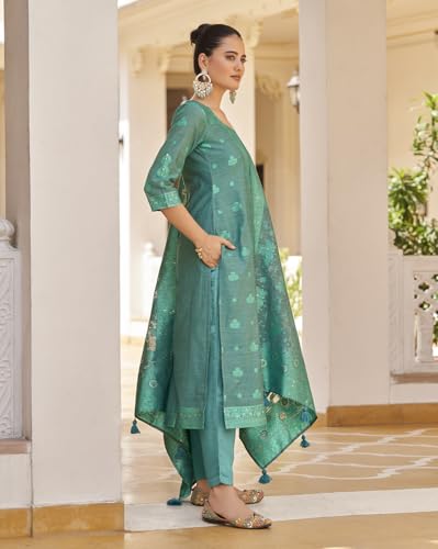 Image of Shaily Premium Silk Blend Woven Design Readymade Kurta with Pants and Dupatta Set | Ethnic Set | 3-Piece Suit Set | Haldi and Wedding Suit Set for Women