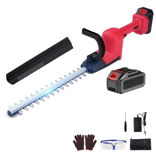 Cortasetos a batería de 21 V, longitud de corte de 40 cm, mango ergonómico, desbrozadora eléctrica con batería, funda protectora, para cortar arbustos, cuidado del jardín, recortadora de setos sin