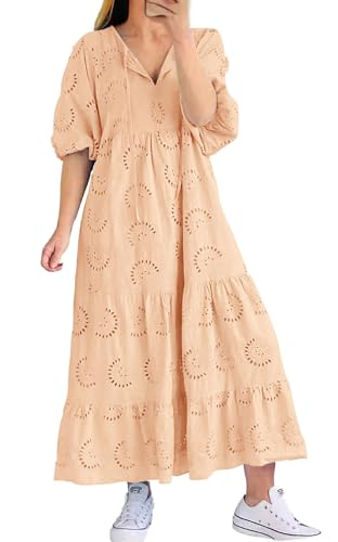 Image of chouyatou Women's Summer Loose Floral Lace Eyelet Dress Boho Casual Notch Neck Maxi Tunic Beach Dress