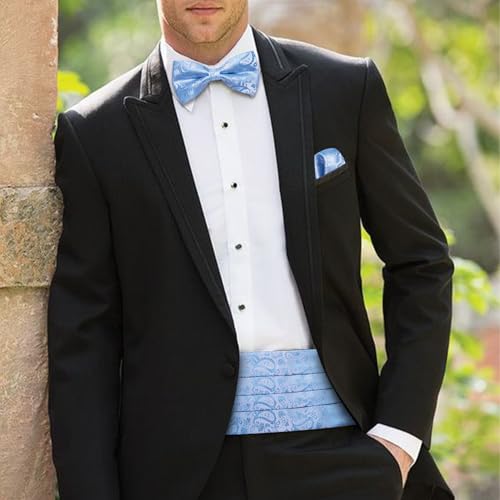 Image of YOHOWA Men Cummerbund Bow Tie Set Silk Paisley Formal Pre-Tied Bowtie Pocket Square Cufflinks Wedding Party Prom