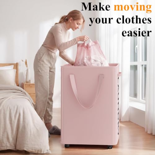 Image of Optish 140L Laundry Hamper with Wheels, Rolling Laundry Basket with Removable Mesh Bag, Extra Large Clothes Hamper on Wheel for Bedroom, Bathroom, Dorm Room Essentials, Pink
