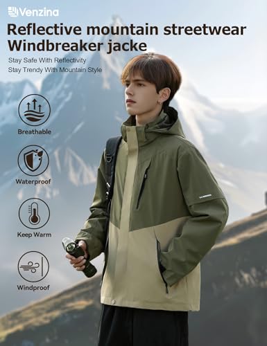 Image of Venzina Men's Waterproof Rain Jacket-Lightweight Windbreaker with Color Block Design, Breathable for Urban Outdoor, Daily Commuting I Fashion Unisex Couple Jacket