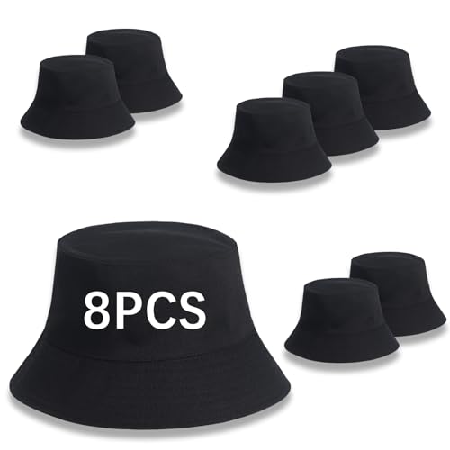 8PCS Black Bucket Hats Bulk Unisex Bucket Hats Bulk Womens Bucket hat Plain Double Sided Wearable Blank Crafting Hand Draw Print HEA
