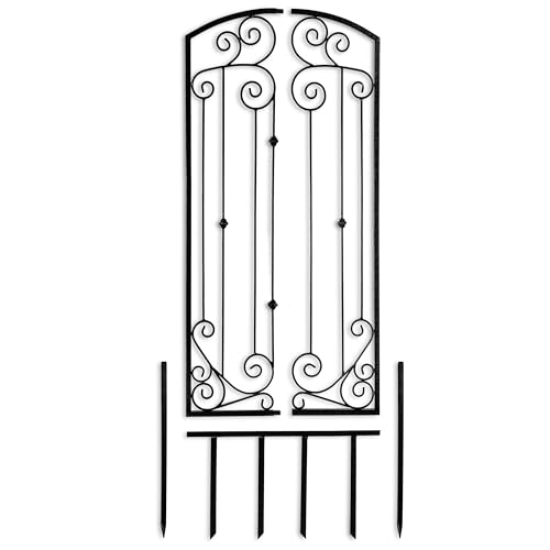 Image of H Potter Scroll Garden Trellis 72 inch H, Freestanding Heavy Duty Iron, Black | Ground spikes included. Durable powder-coated finish. Supports climbing roses, clematis, ivy and vines.
