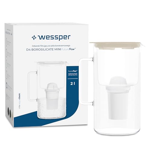 Wessper Jarra Filtrante de Vidrio con cartuchos filtrantes para Agua Potable de 2 l, Jarra filtrada con Contador Inteligente, Kit que Incluye 1 filtro de Carbón Activo- Beige