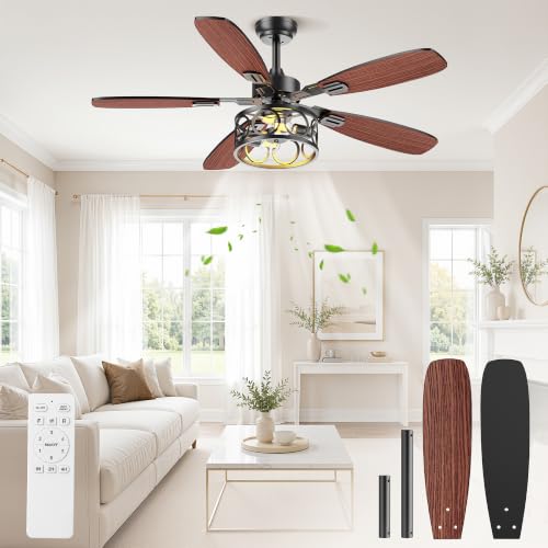 Image of Ceiling Fans with Lights and Remote, 42'' Vintage Caged Ceiling Fan with Light, 5 Blades, 6+1 Speed, Flush Mount Ceiling Fan Whisper-quiet for Farmhouse, Living Room, Kitchen and Porch (42 Inch)