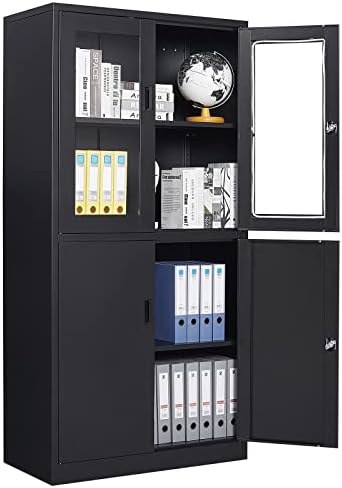 LISSIMO Metal Storage Cabinet with Glass Doors, Lockable Office Cabinet, 71" Tall Steel Cabinet with Adjustable Shelves for Home Office,School and Hospital (Black)