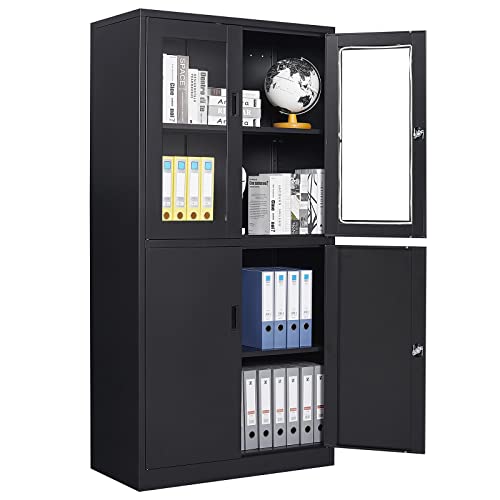 Lissimo Metal Storage Cabinet With Glass Doors, Lockable Office Cabinet, 71" Tall Steel Cabinet With Adjustable Shelves For Home Office,School And Hospital (Black) #TOP1