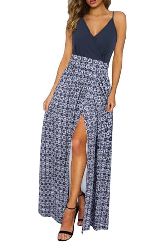 Image of Newshows Womens Dresses Summer 2026 V Neck Plus Size Boho Clothes Sleeveless Casual Split Bohemian Cruise Long Flowy Maxi Dress(Blue Floral White Blue, S)