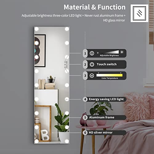 Mirror Full Length,60" X 18" Full Length Mirror With Lights,Full Body Mirror With Lights,Standing Mirror Full Length,Large Floor Mirror Wall Mounted Mirror With Dimming 18 Lights For Bedroom（Silver) #TOP3