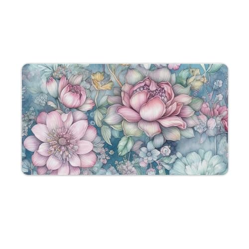 Tapis de souris de jeu grand format bleu avec motif floral pour bureau et clavier