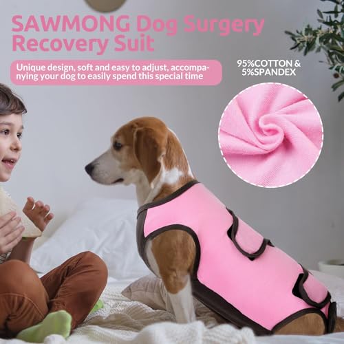 Image of SAWMONG Recovery Suit for Dogs Cotton, Professional Dog Surgery Suit for Spay, Pet Cone Alternative, Breathable Dog Onesie for Surgery Female Male, Abdominal Wounds Skin Disease Cat (L, Pink)