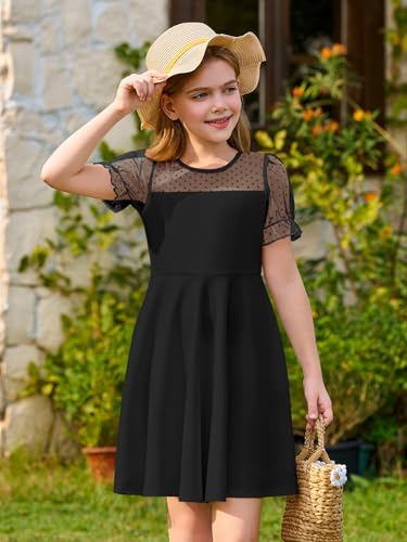 Haloumoning Girls Contrast Mesh Puff Short Sleeve Dress Kids High Waist A Line Casual Dresses with Pockets 4-14 Years3