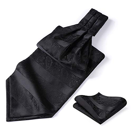 Hisdern Men's Cravats Black Ascot Ties For Men Paisley And Pocket Square Set Woven Classic Floral Ascot Scarf For Men Handkerchief Wedding Party #TOP3